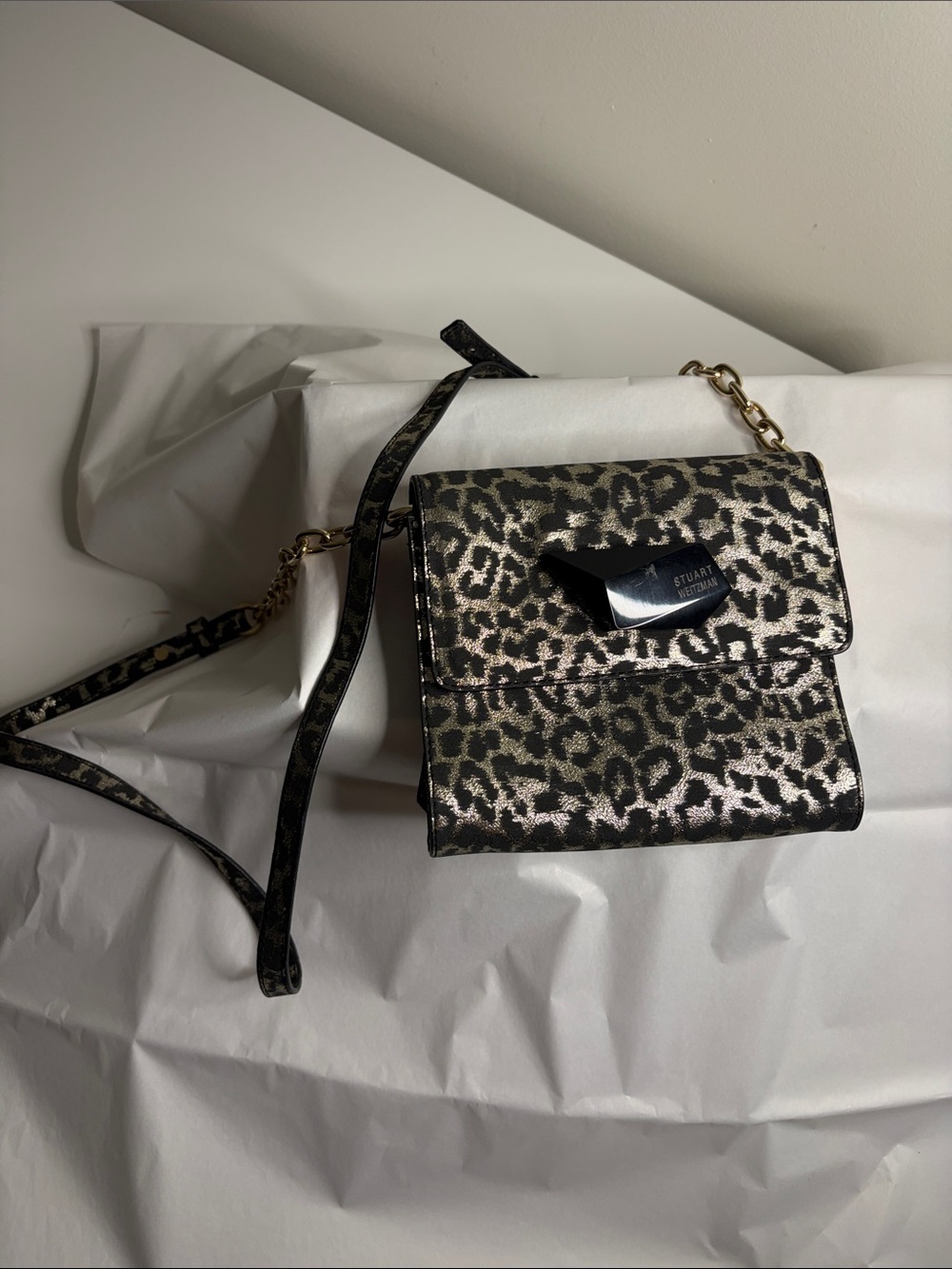 Stuart Weitzman Leopard-Print Crossbody in Black and Gold-Tone